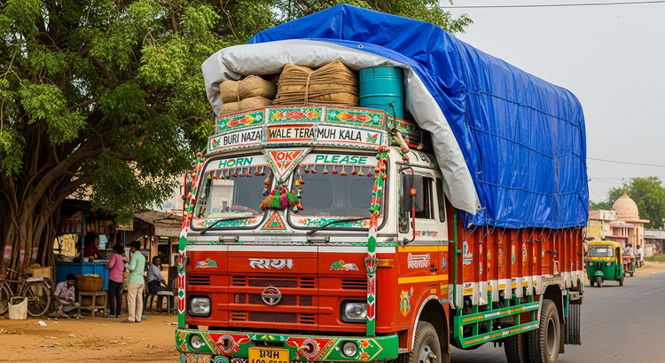 Decorated truck with cargo on a road in a rural setting