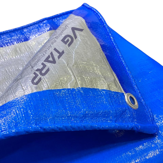 VG TARP HDPE tarpaulin material close up blue silver