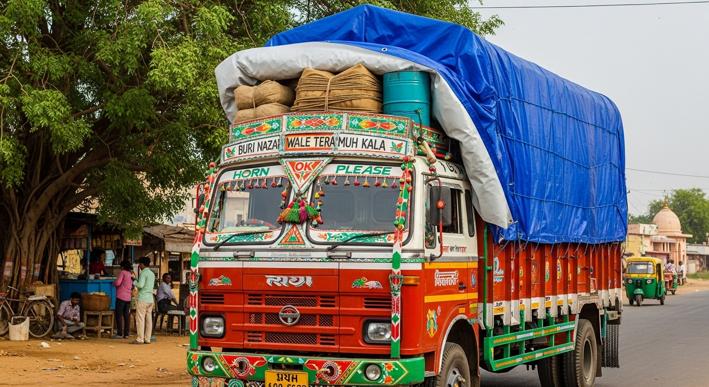 Decorated truck with cargo on a road in a rural setting