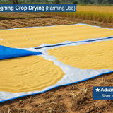Person spreading yellow crop on a reflective 200 GSM HDPE tarpaulin in a field

Details